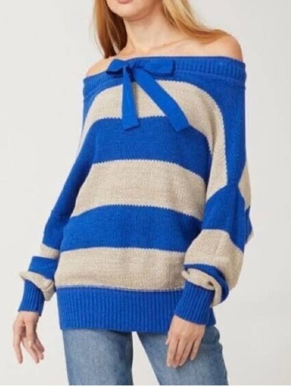 Free People Cassidy Off The Shoulder Striped Sweater NWOT Blue XS Linen Pullover